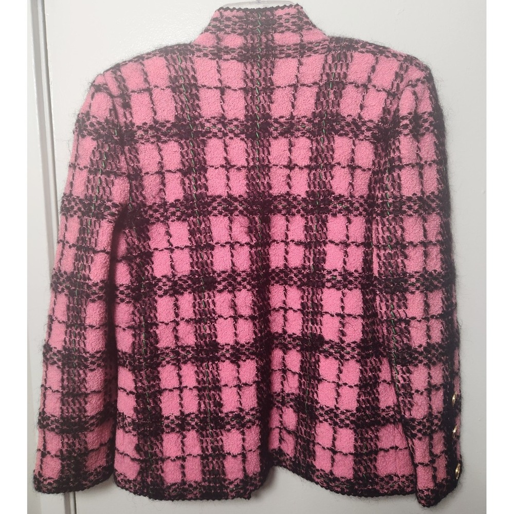 Adolpho Pink and Black Wool Plaid Jacket Gold Buttons Vtg Sweater Med Union Made - Picture 2 of 16